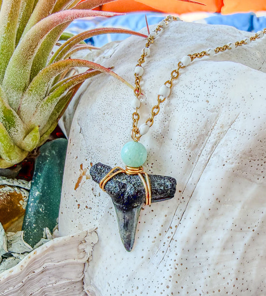 The Kelley Necklace - Shark Tooth + Amazonite