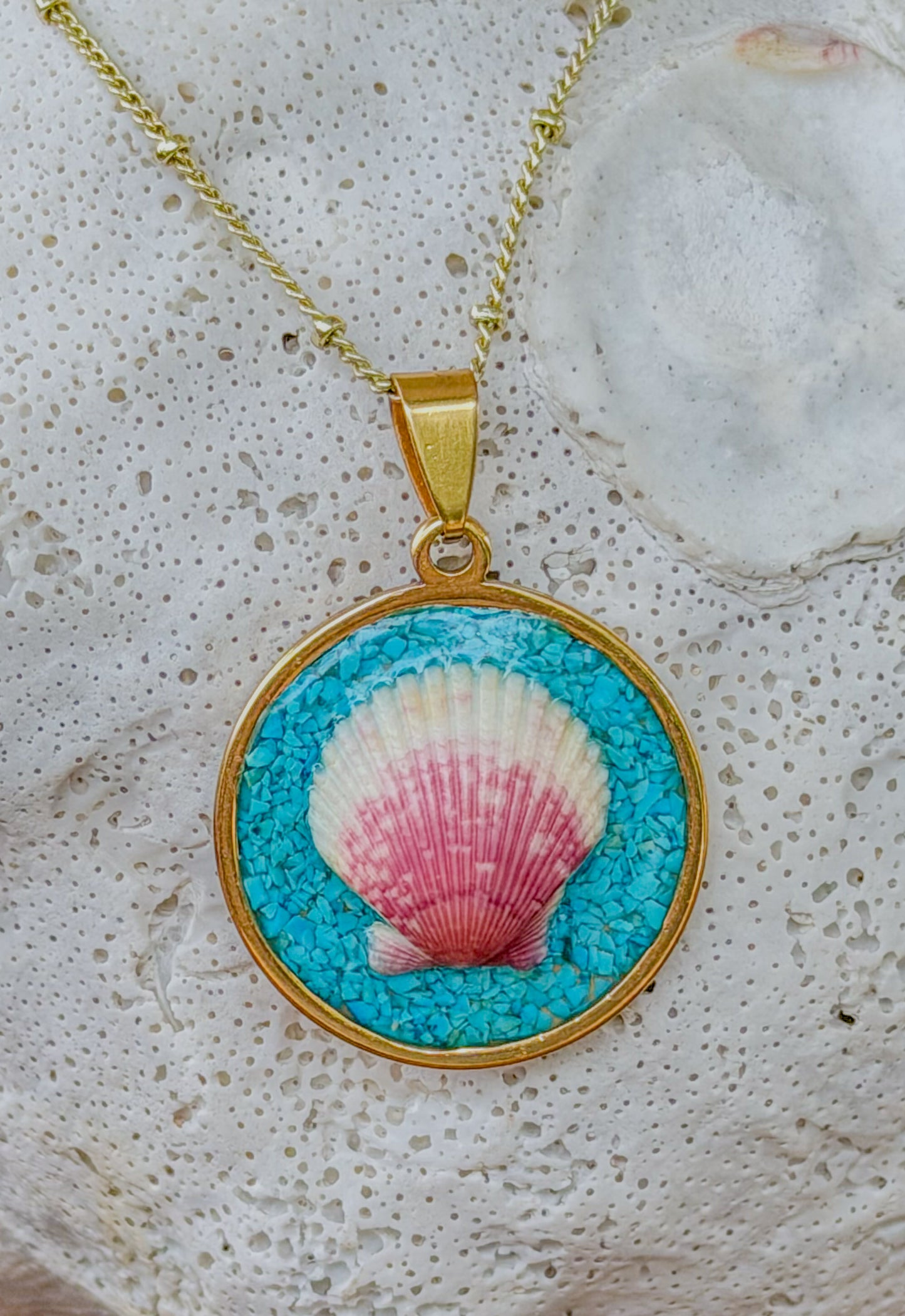 The Isabella Necklace - Pink Shell + Turquoise Coin Necklace (25mm)