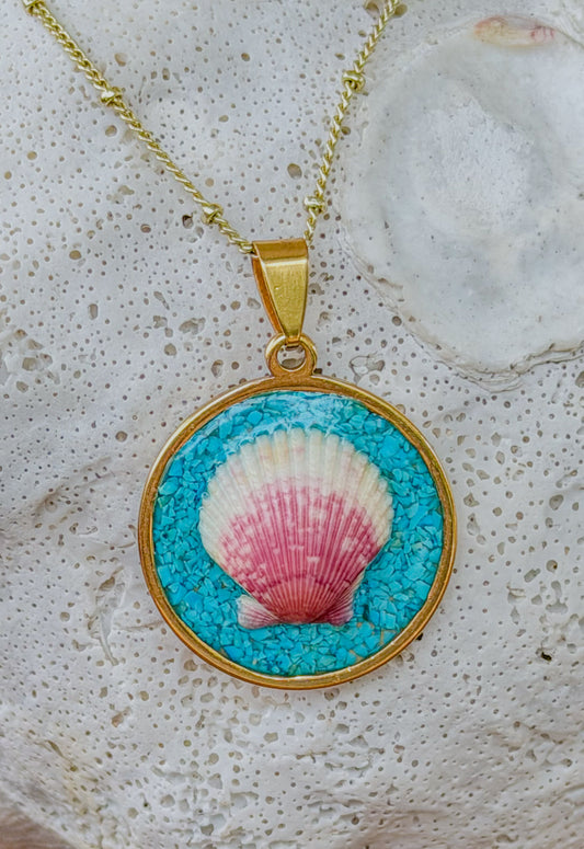 The Isabella Necklace - Pink Shell + Turquoise Coin Necklace (25mm)