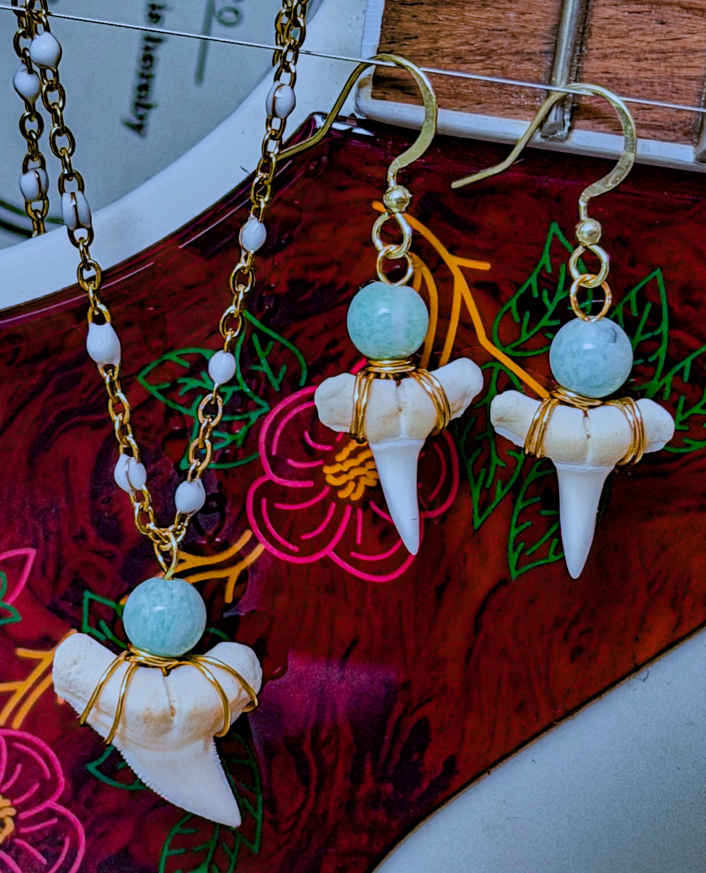 The Kelley Earrings- White Shark Tooth Amazonite
