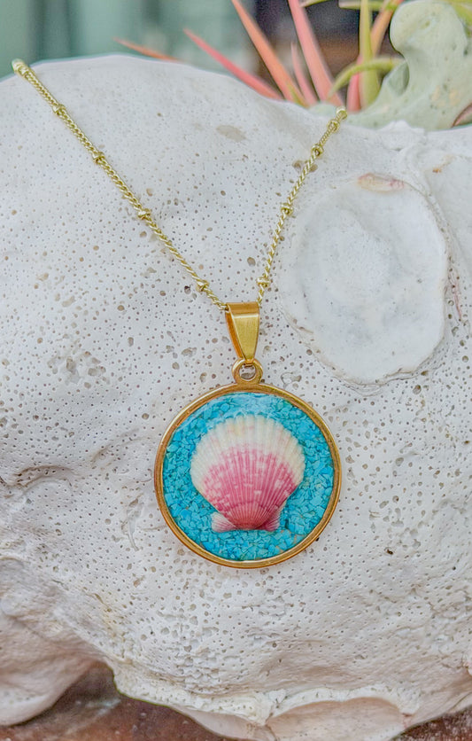 The Isabella Necklace - Pink Shell + Turquoise Coin Necklace (25mm)
