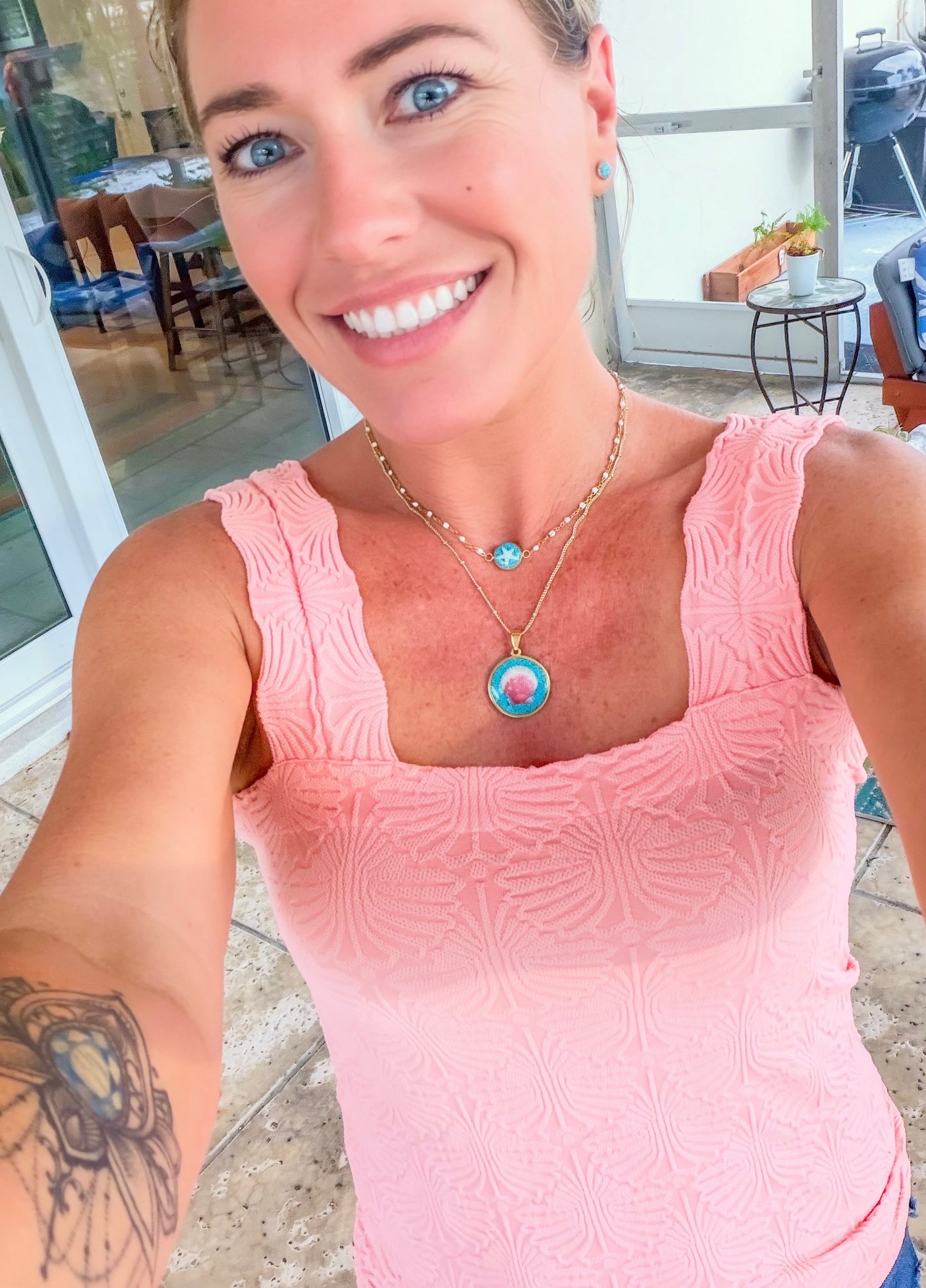 The Isabella Necklace - Pink Shell + Turquoise Coin Necklace (25mm)