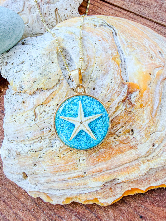 The Laurie Necklace - Turquoise Starfish Coin Necklace (25 mm)