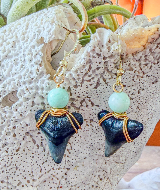 The Kelley Earrings - Shark Tooth + Amazonite