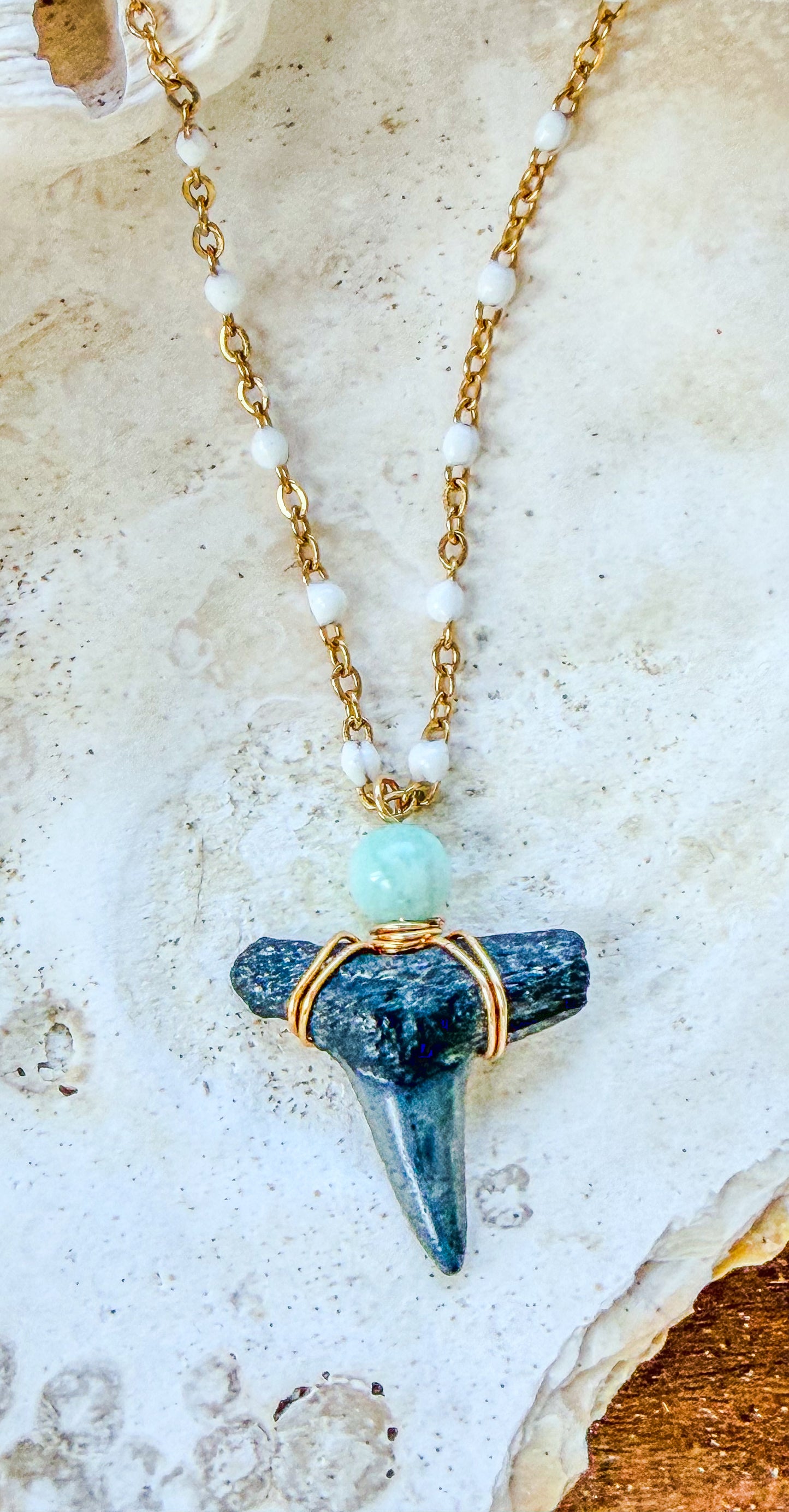 The Kelley Necklace - Shark Tooth + Amazonite