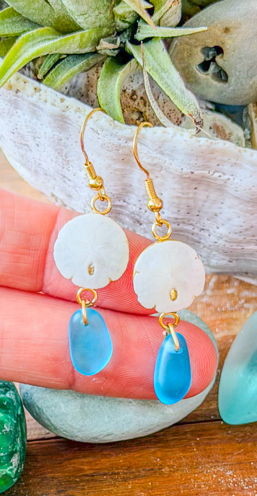 The Lindsey Earrings- Sand Dollar + Sea Glass
