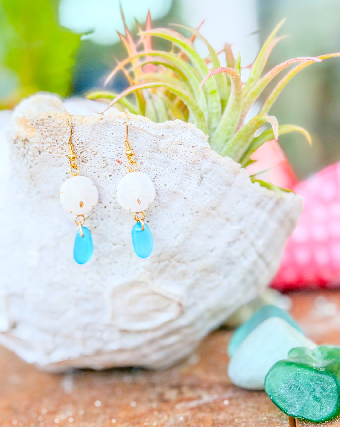 The Lindsey Earrings- Sand Dollar + Sea Glass