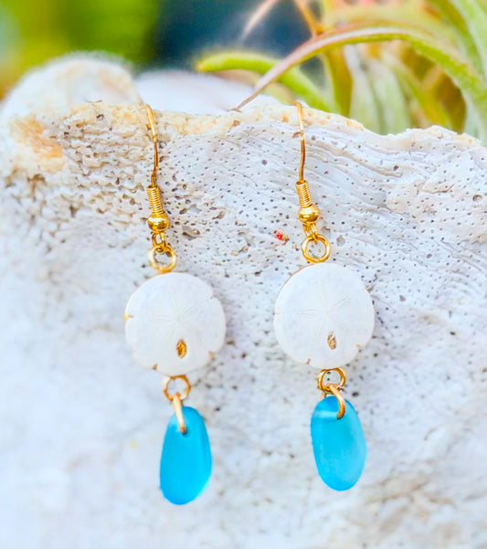 The Lindsey Earrings- Sand Dollar + Sea Glass