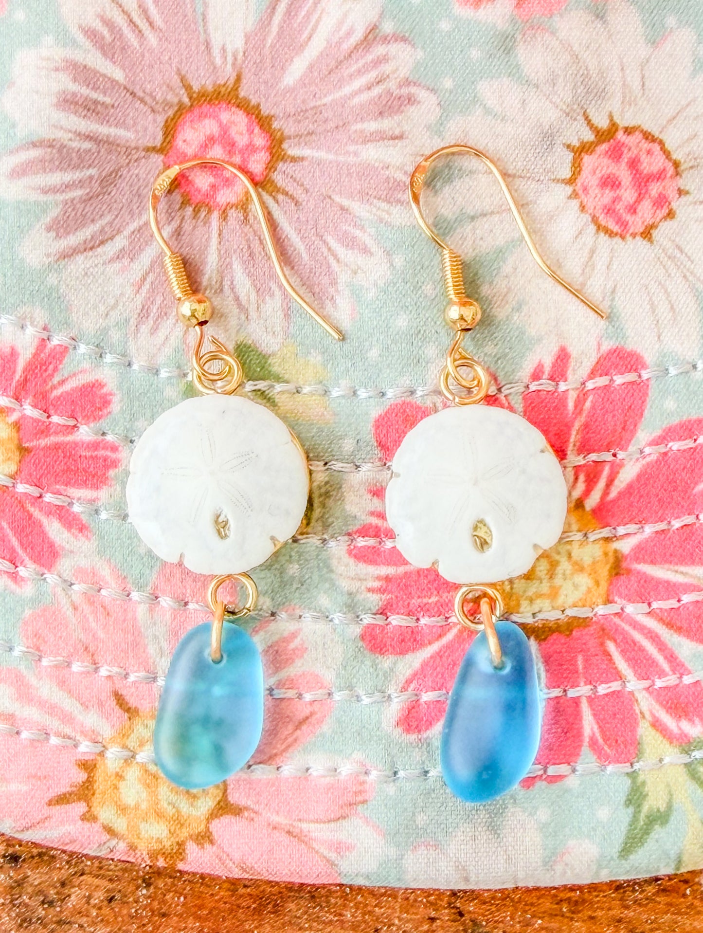 The Lindsey Earrings- Sand Dollar + Sea Glass
