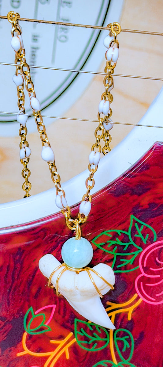 The Kelley Necklace- White Shark Tooth+Amazonite