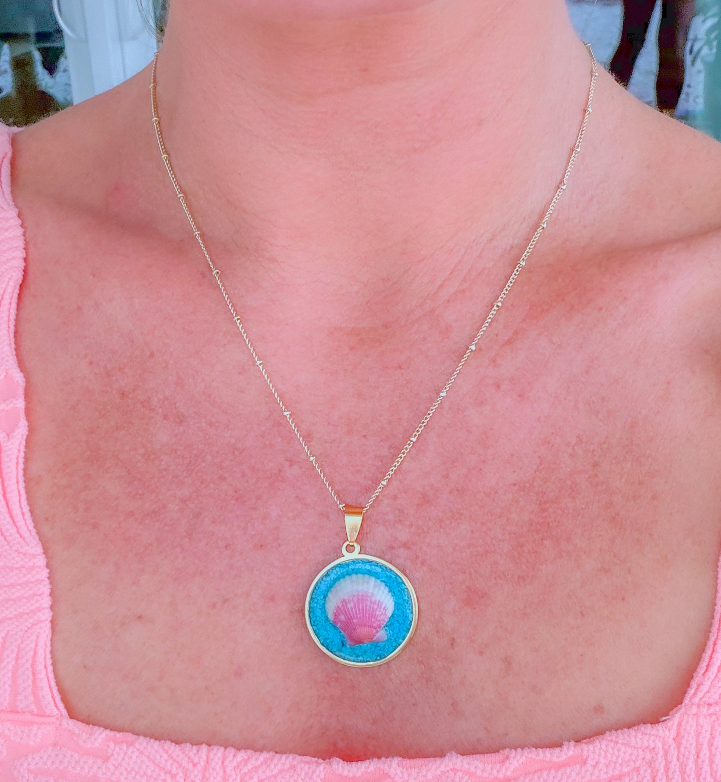 The Isabella Necklace - Pink Shell + Turquoise Coin Necklace (25mm)